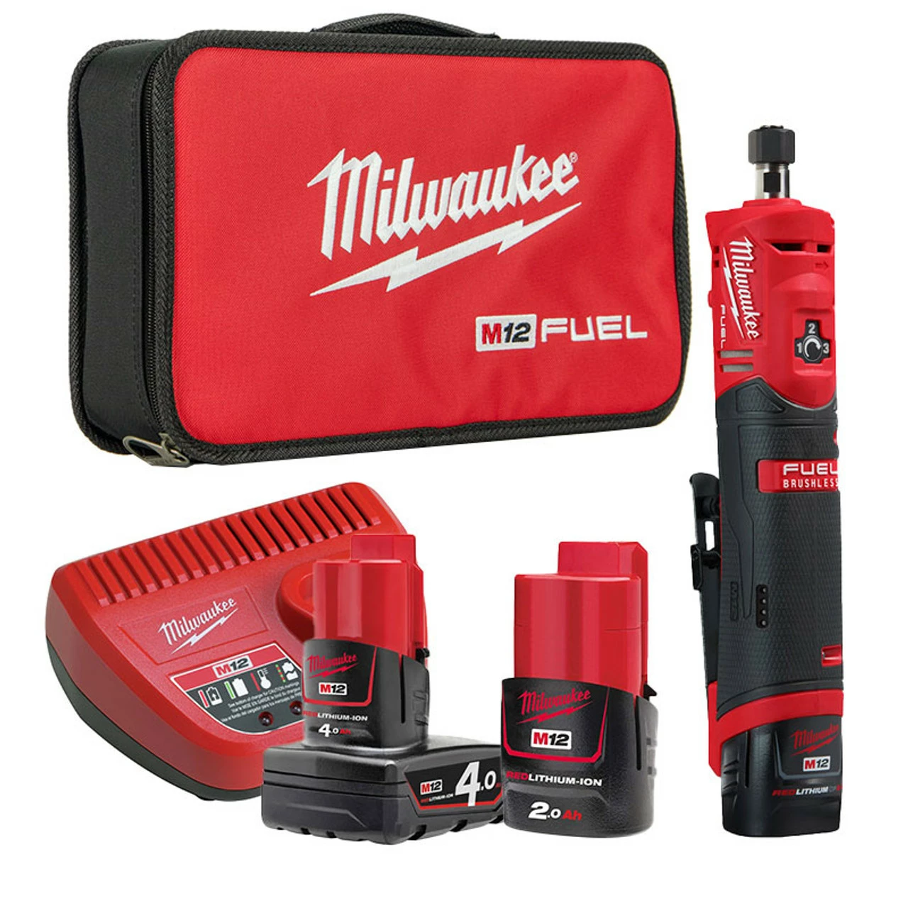 Milwaukee M12 FDGS-422B 12V Fuel Brushless Straight Die Grinder With 2x Batteries