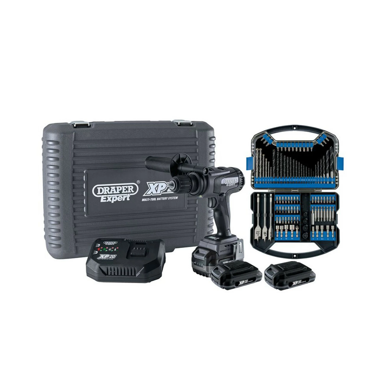 Draper 93076 XP20 Brushless Combi Drill With 3 X 2.0Ah Batteries, Charger And Drill Bit Accessory Kit